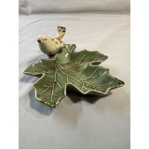 Creative Co-op Ceramic Leaf Trinket Dish with White Bird Green Farmhouse